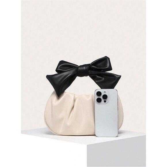 Women's Apricot PU Leather Ruched Hobo Handbag with Bow Top Handle and Zipper Cl - Picture 4 of 5